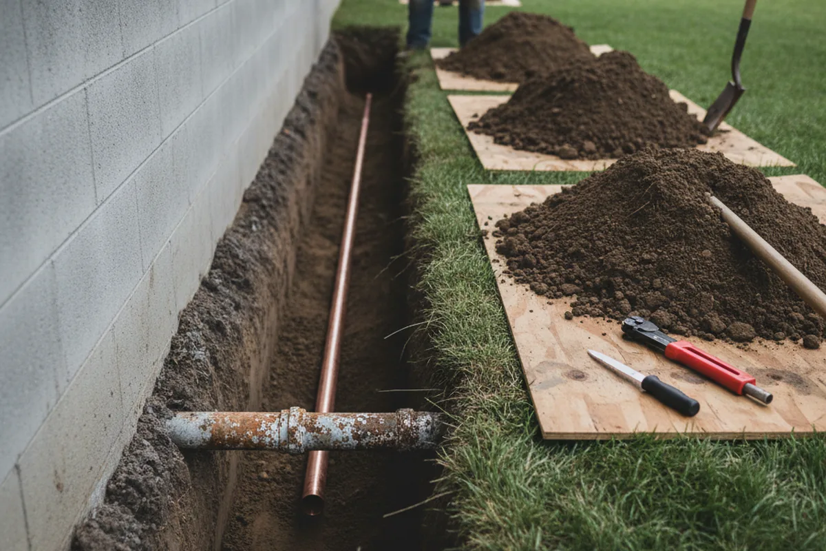 Excavated water line trench during Water Softener Installation in Hebron